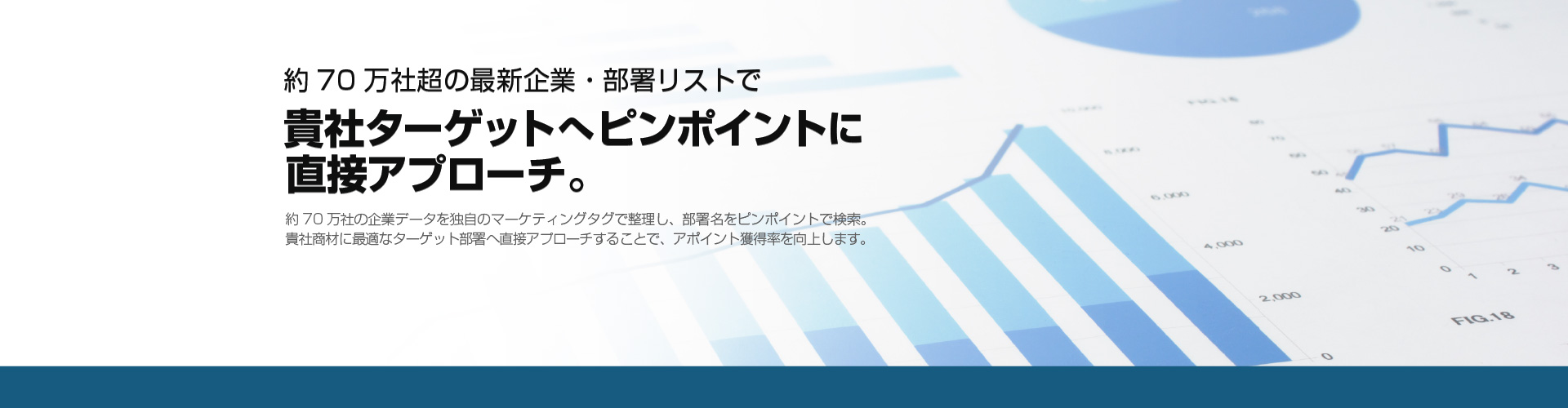 約70万社超の最新企業・部署リストで貴社ターゲットへピンポイントに直接アプローチ。約70万社の企業データを独自のマーケティングタグで整理し、部署名をピンポイントで検索。貴社商材に最適なターゲット部署へ直接アプローチすることで、アポイント獲得率を向上します。
